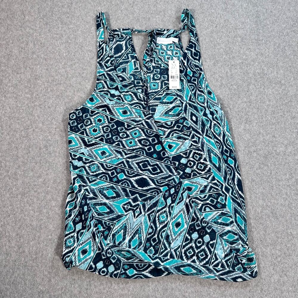 New York & Company Tank Top Women Medium Blue/Green Ikat Sheer Faux Wrap Tie Bac